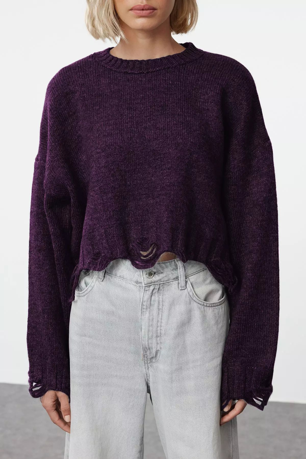 Purple Crop Wide Fit Soft Textured Pullover Detailed Sweater