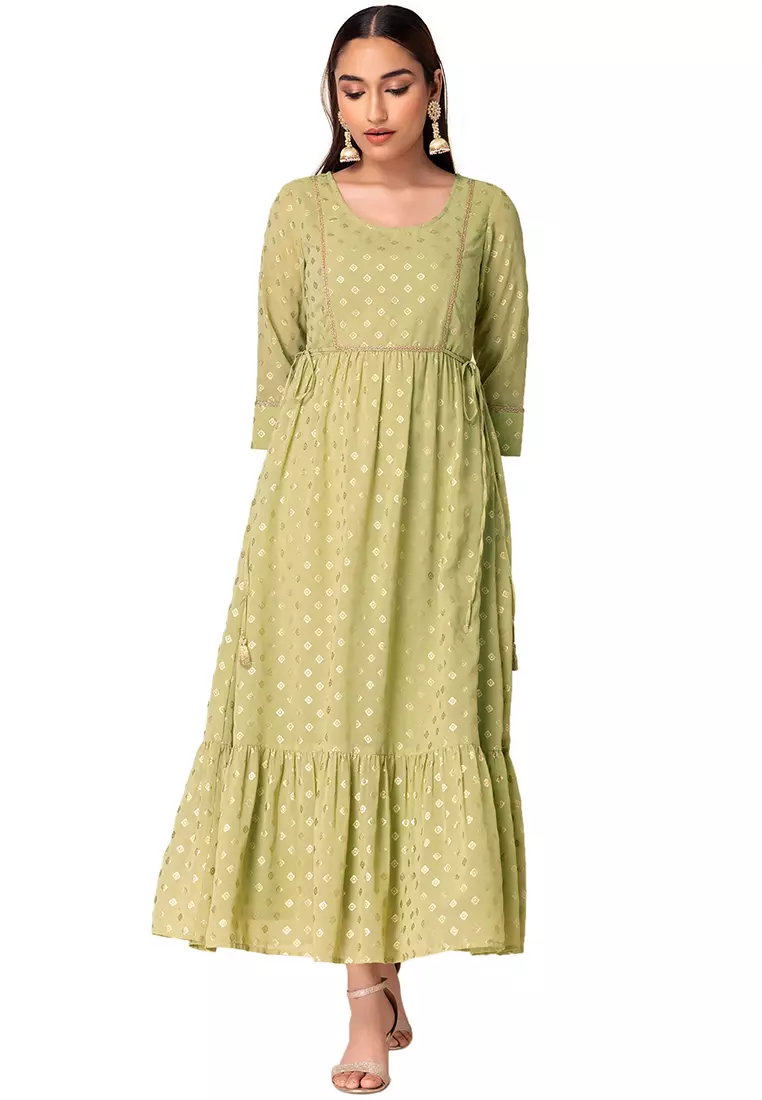 halloween green dress Indya Green Georgette Designer Draped Saree for Women Online – UrbanStree main image 1