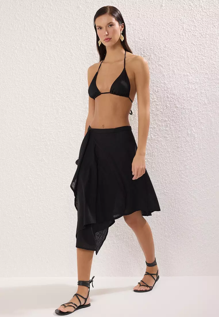 Black Midi Woven Flamed Cotton Beach Skirt TBESS25ET00013