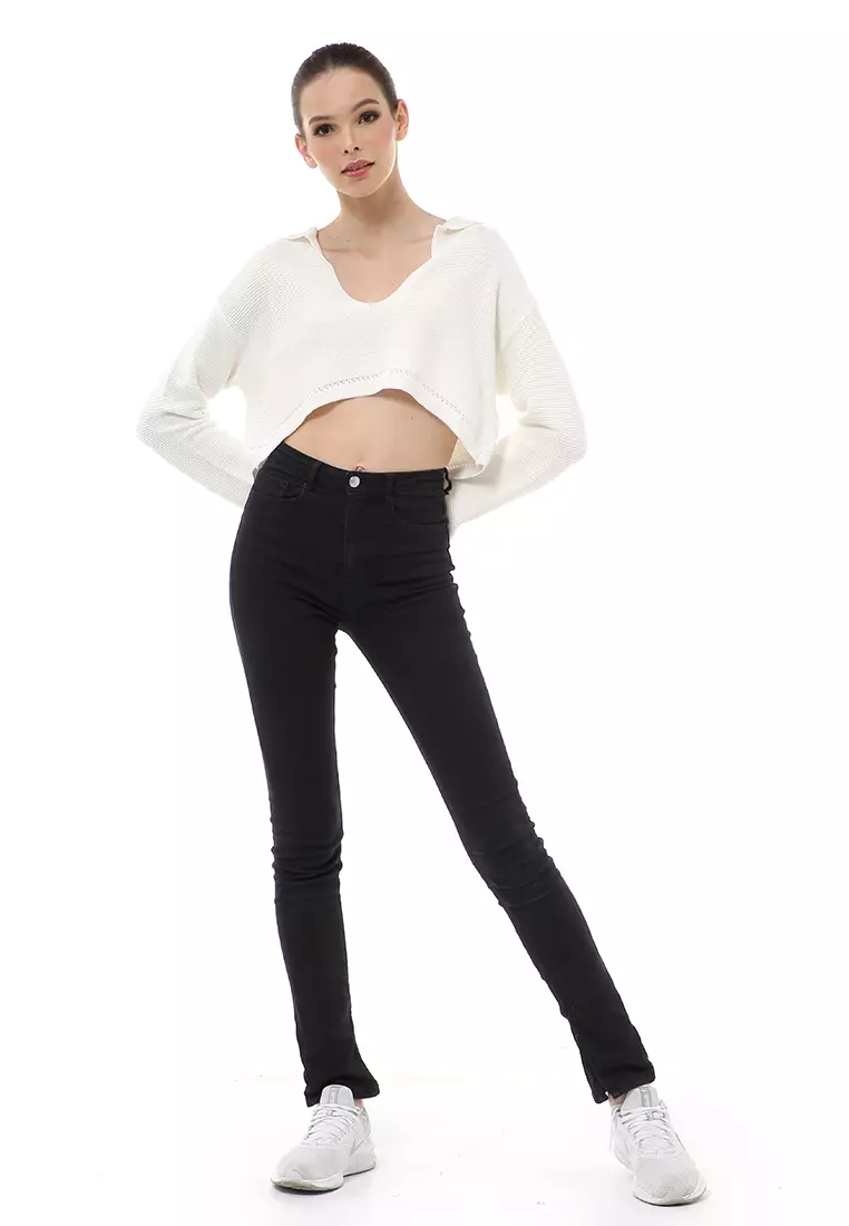 Albertine Atasan Crop Wanita Lengan Panjang Blouse Vneck Motif Polos Material Rajut ORIGINAL - White