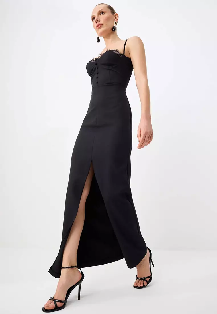 Black Plain Woven Finike Maxi Evening Dress & Homecoming Dress