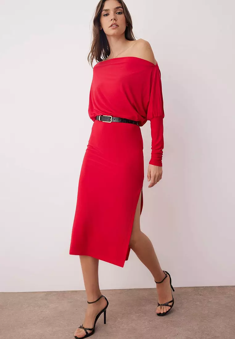 Red Plain Asymmetrical Single Sleeve Waist-Fitting Flexible Midi Knit Dress Twoaw25El00110