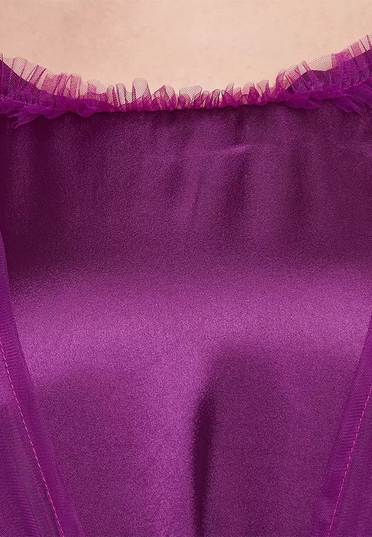 Clovia Chic Basic Short Night Dress & Robe Set in Purple - Satin