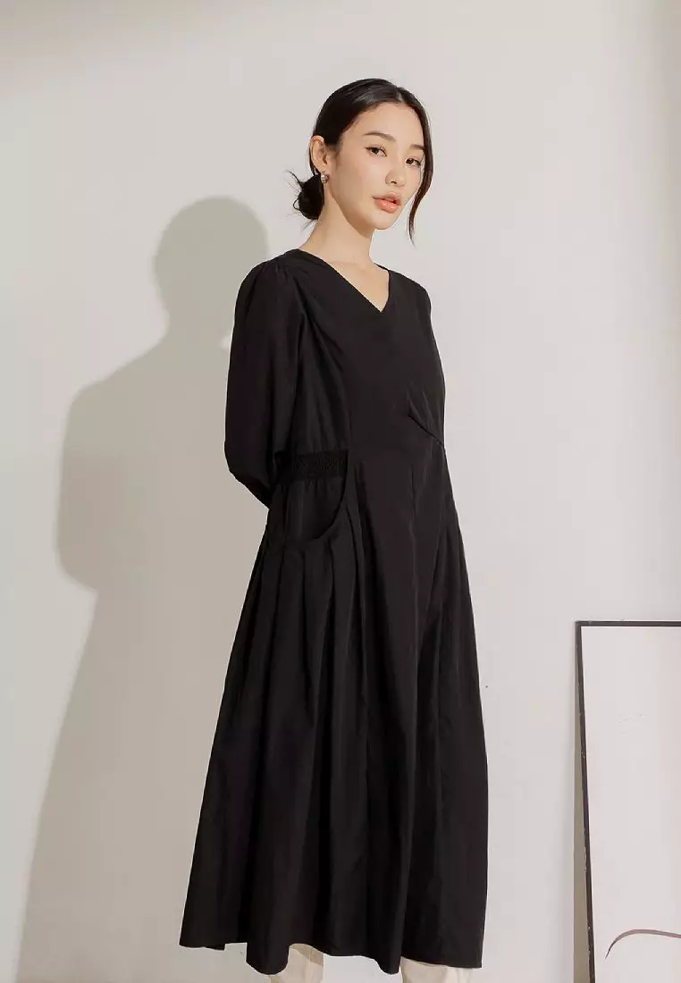 V-Neck A-Line Midi Dress with Waist Tie and Pockets [DA10269]