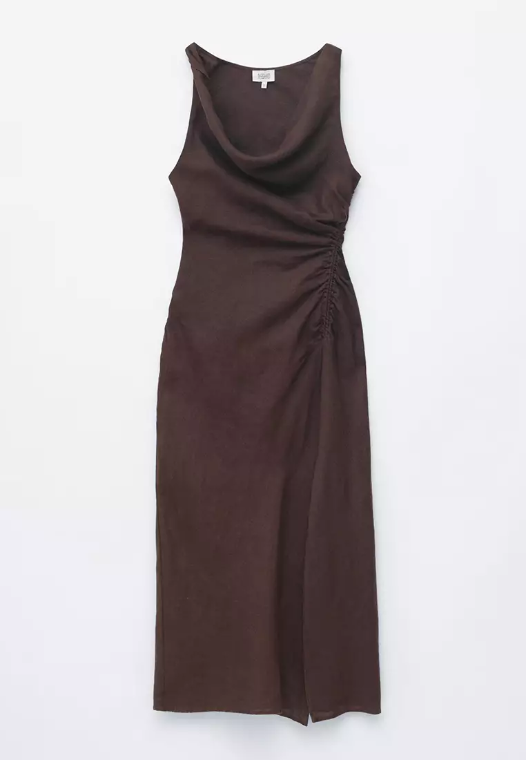 Twist-Strap Linen Midi Dress