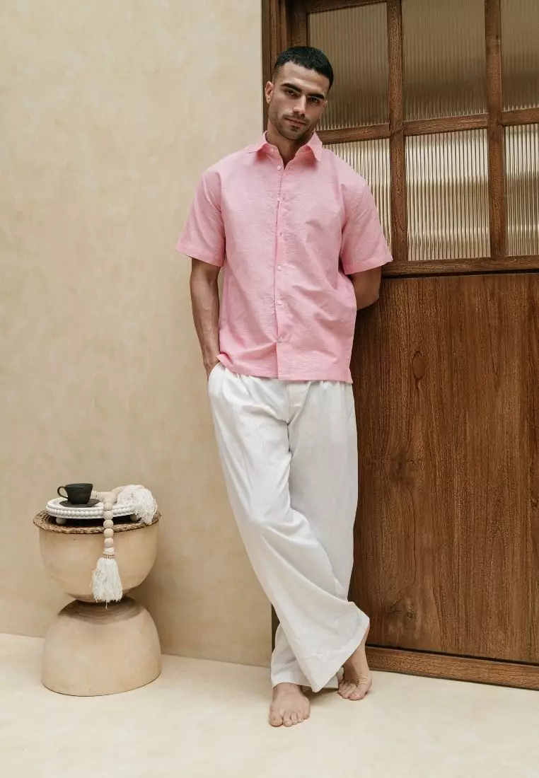 Wakiki Kemeja Linen Lengan Pendek Pria Pink | Linen Short Sleeve Shirt Men Pink