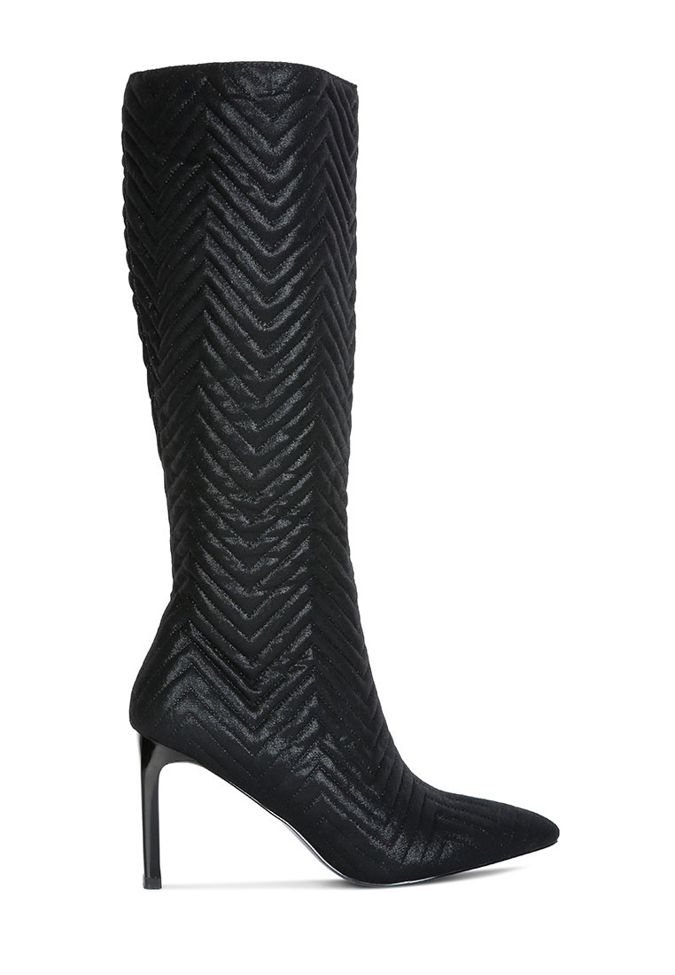 Black Quilted Italian High Block Heeled Calf Boots