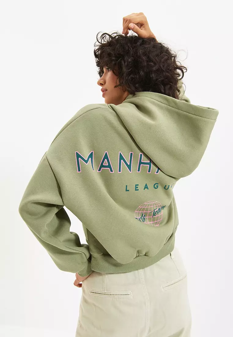 Mint Back Print Detail Hooded Thick Fleece Knitted Sweatshirt TWOAW22SW0711