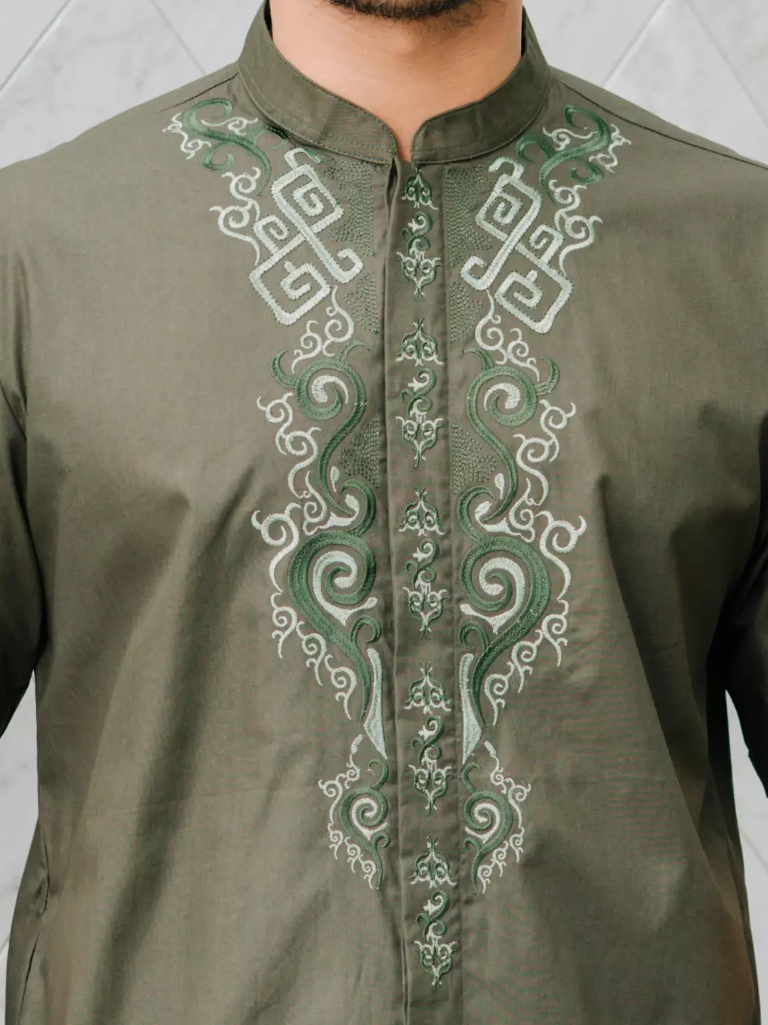 Adyatma Baju Koko Bordir Pria COTTON COMBED TWILL Olive Regular Fit Baju Muslim Pria Lengan Pendek