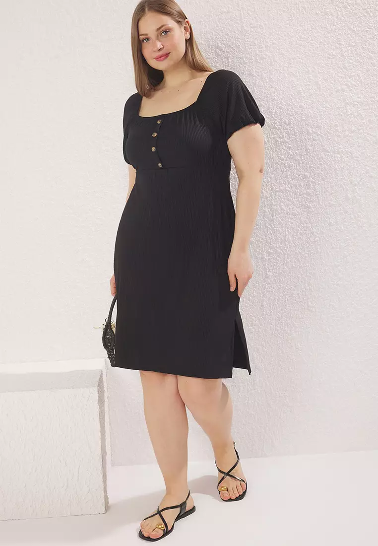 Black Button Detail A-Line Balloon Sleeve Knitting Plus Size Dress Tbbss25Ah00172
