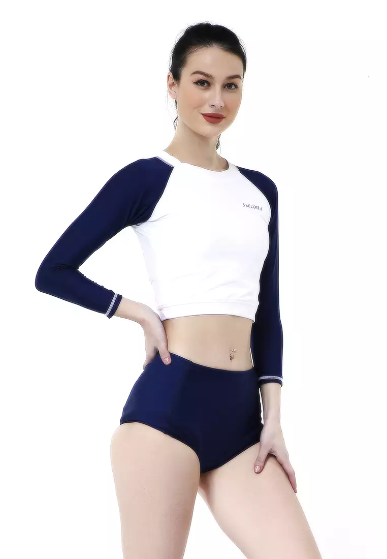 Mikayla Pakaian Renang Wanita Swimsuit Long Sleeve High Waist Material Lycra ORIGINAL - White Blue