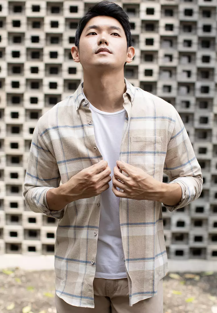 Kemeja Flannel tangan panjang cotton oxcon Cream blue teal