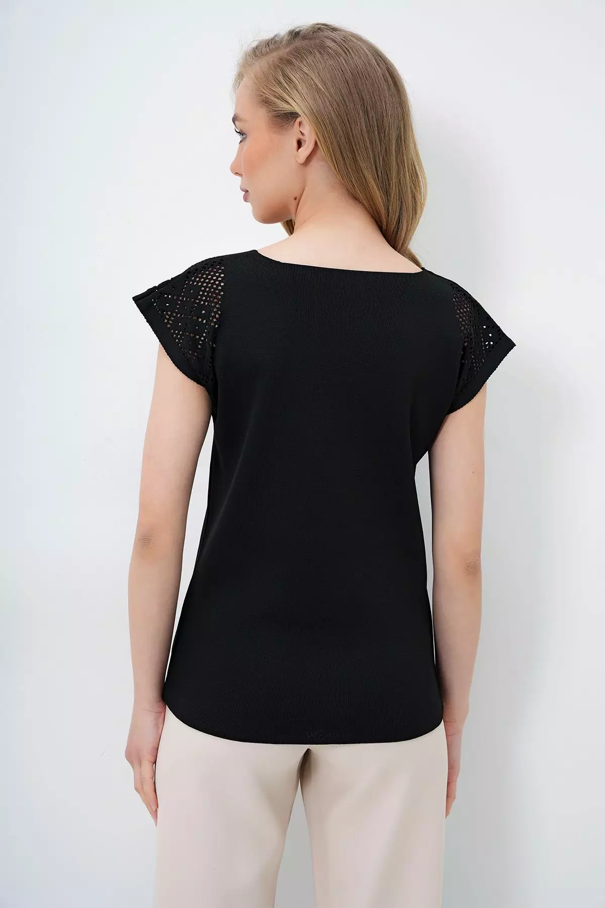 Women's Black Square Neck Openwork Summer Knitwear Blouse