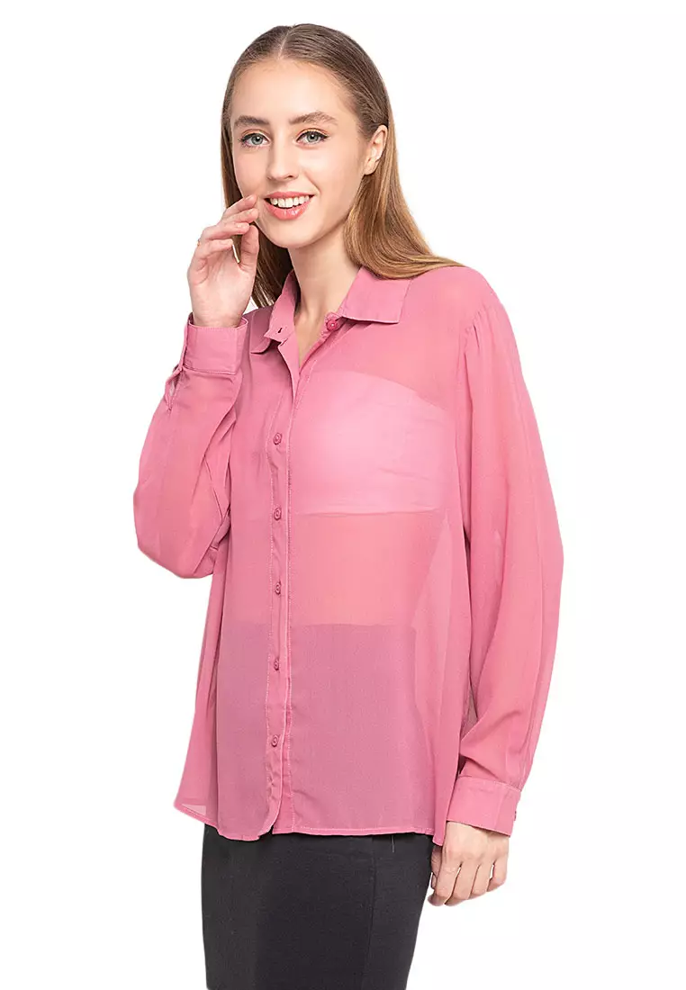 Calder Kemeja Atasan Transparan Front Button Opening Design Simple Plain Shirt Wanita - Pink