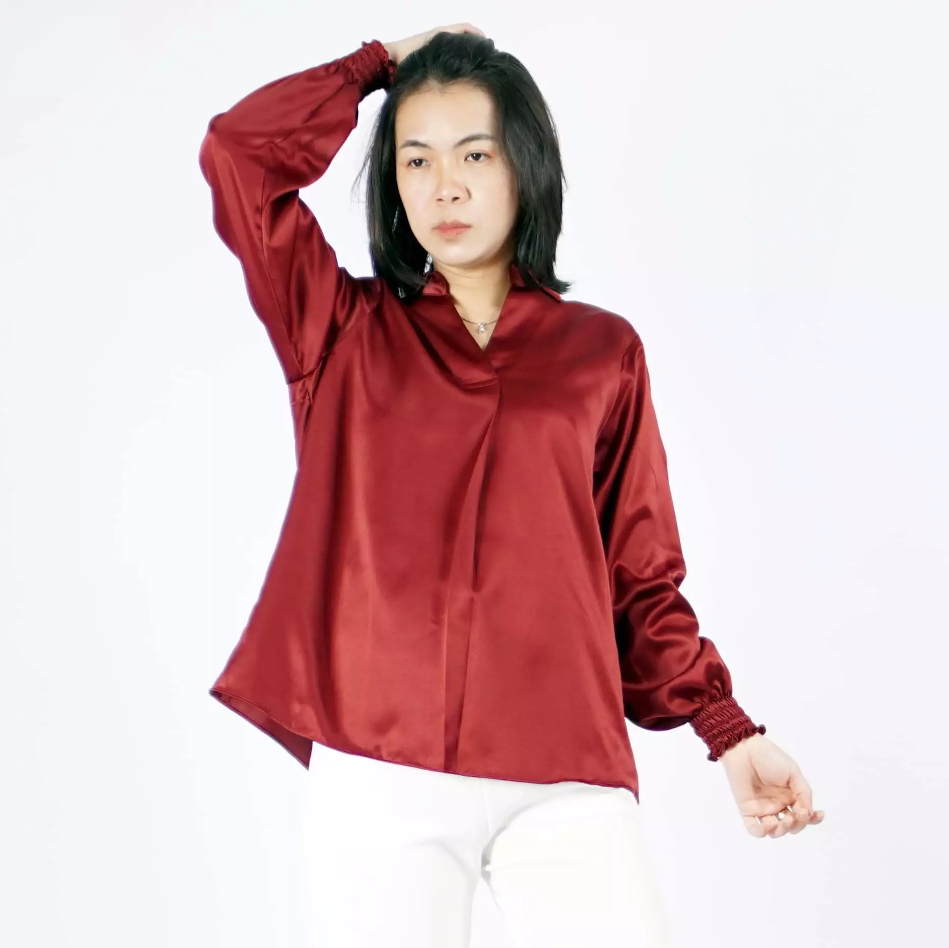  SAFIRE Top Satin Blouse Satin Gaya Korea Blus Elegan Krah V - Marun