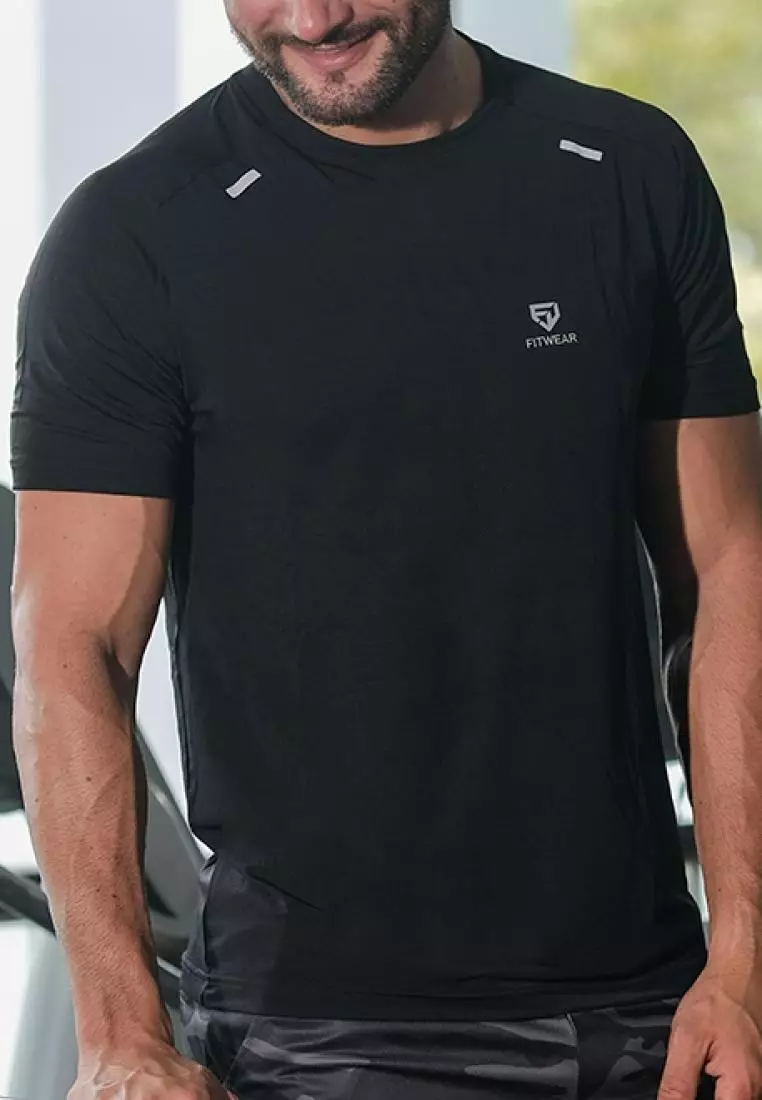 Fitwear - Kaos Olahraga Running Pria JOSEPH REFLECTIVE STRIPE - BLACK PLAIN