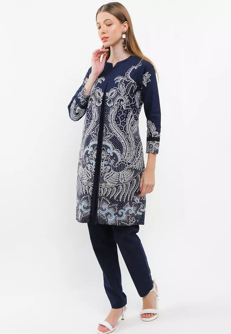 Tunik Muslim Atasan Wanita Batik Katun Prada Premium Varenka Navy