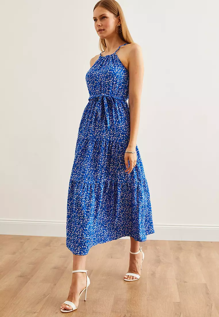 Halter Neck Belted Woven Viscose Dress