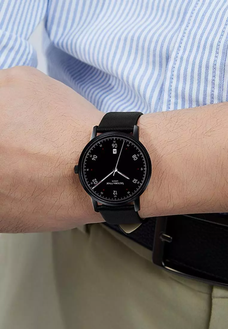 Orton 男士休閑手表 φ39mm圓形表盤 真皮表帶 包豪斯風格 日曆功能防水表-黑色