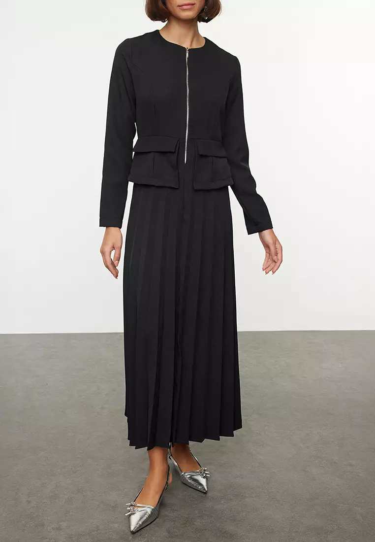Pleated Maxi Dress with Zipper Detail