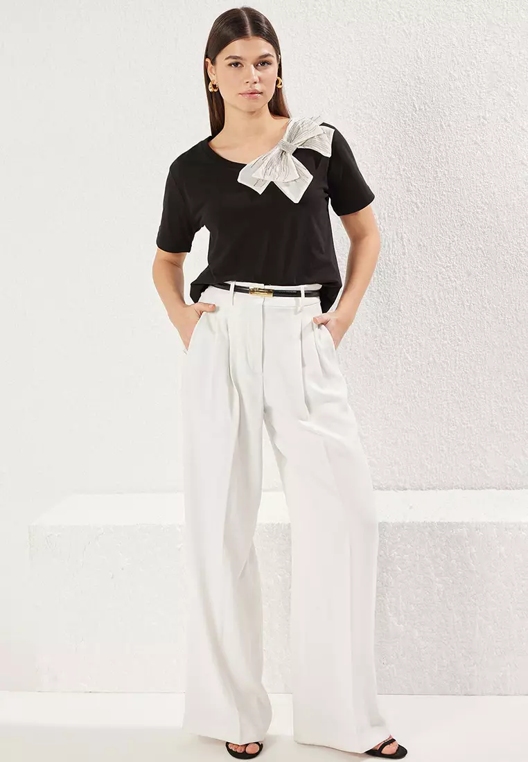 Black Bow Accessory Detail Oversize/Wide Pattern Knitted T-Shirt Twoss25Ts00044