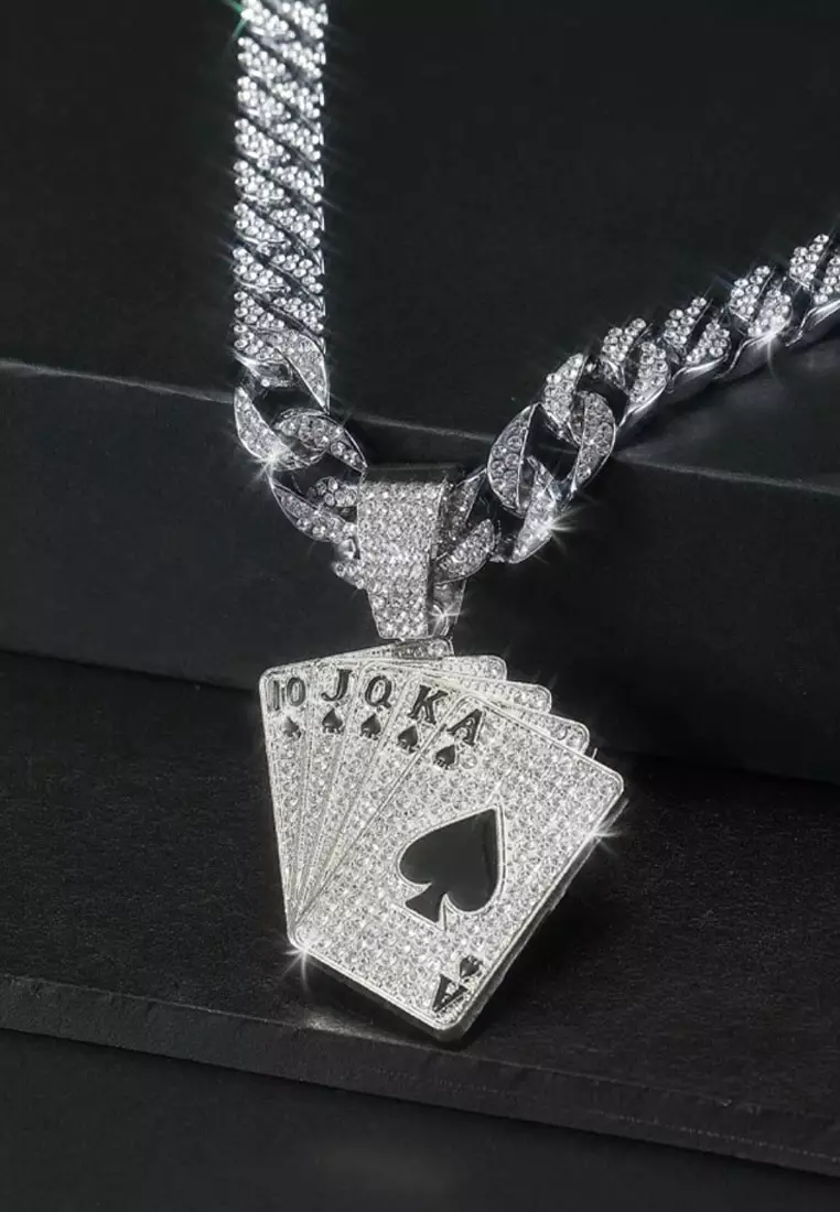 Aksesoris Pria Rhinestones Ace Of spades Studded Kalung Pria Premium Stainless Steel Necklace Silver