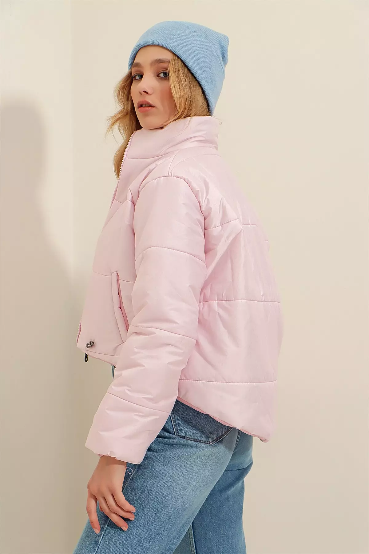 Buy Alacati Pink Standing Collar Double Pocketed Inflatable Puffer Coat ...