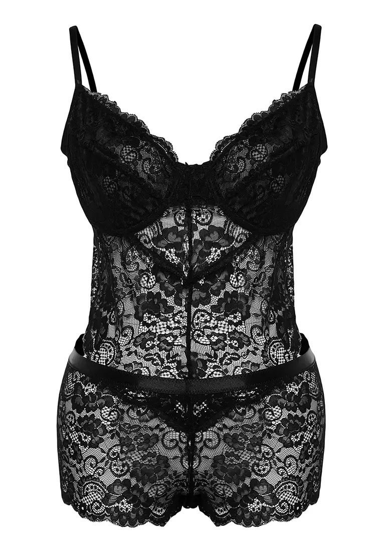 Buy Trendyol Plus Size Black Window/Cut Out Lace Bodysuit in Black