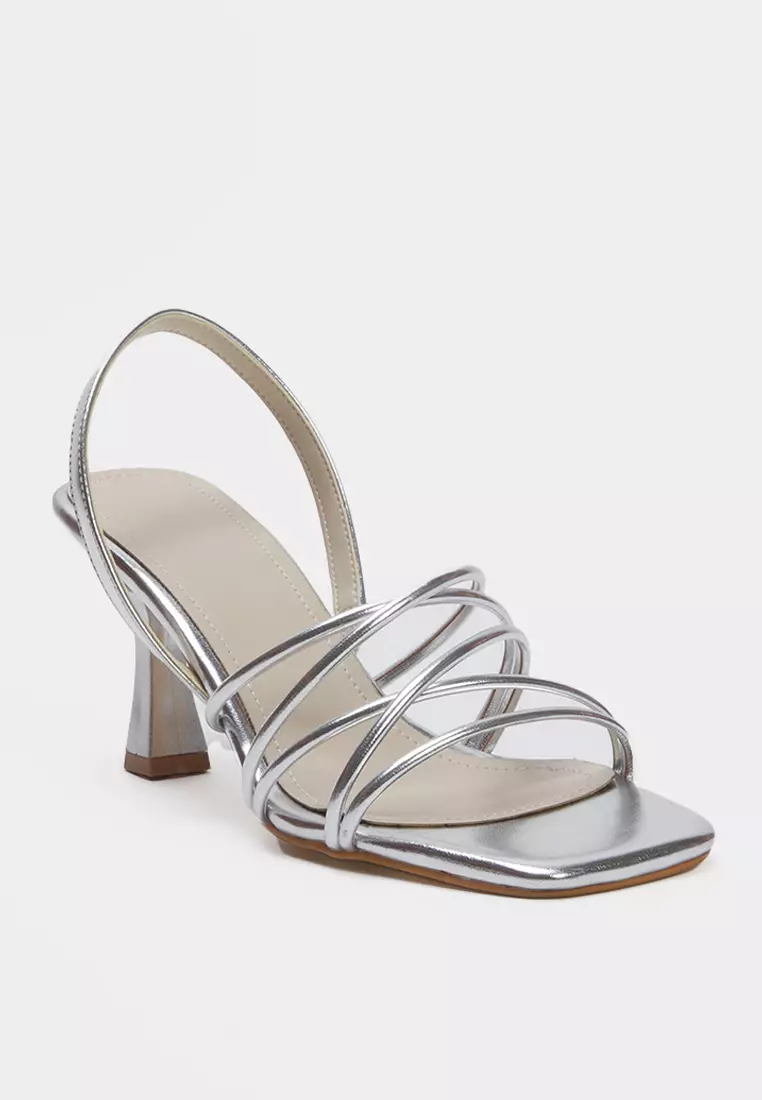 Metallic Ankle-Strap Square Toe 8 cm Thin Heel Sandals
