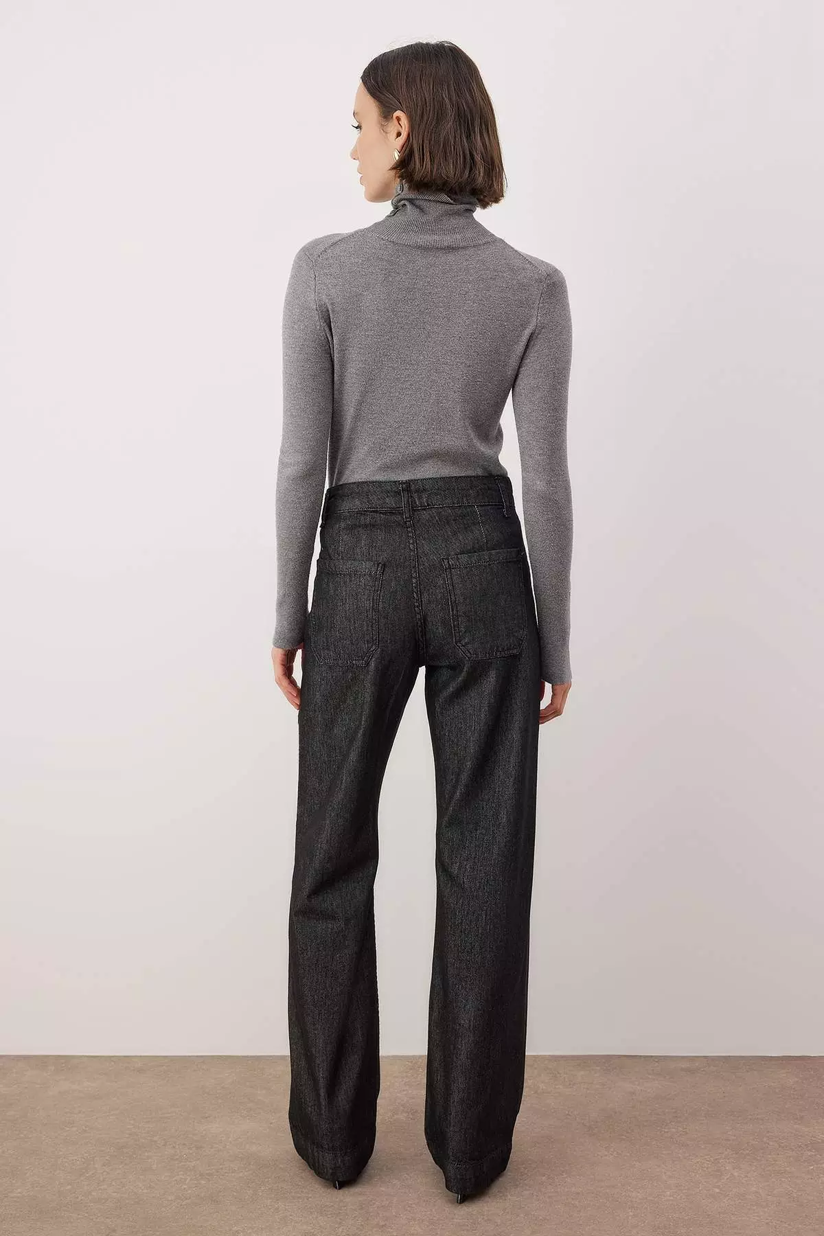 Black High Waist Pocket Detailed Raw Wide Leg Jeans Twoaw26Je231