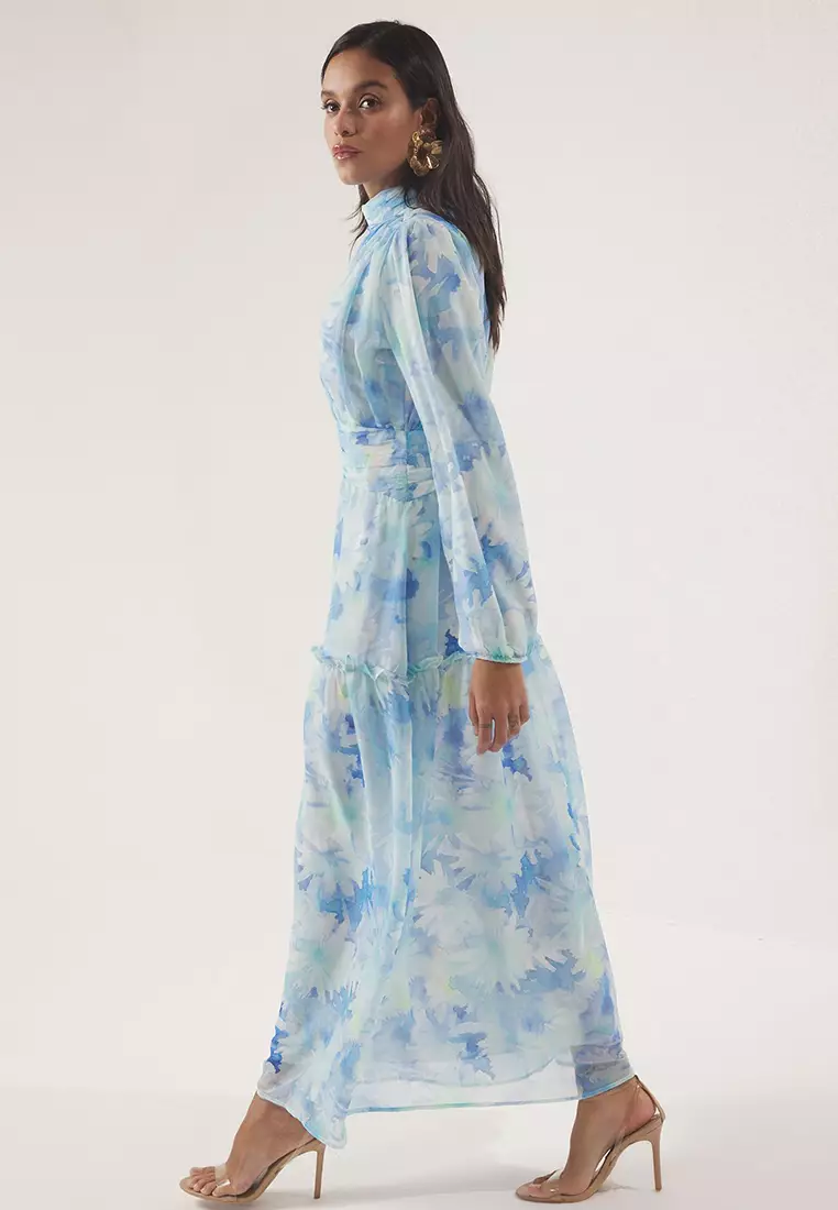 Blue Floral Pattern Lined Chiffon Woven Dress Tctss25Eb00063