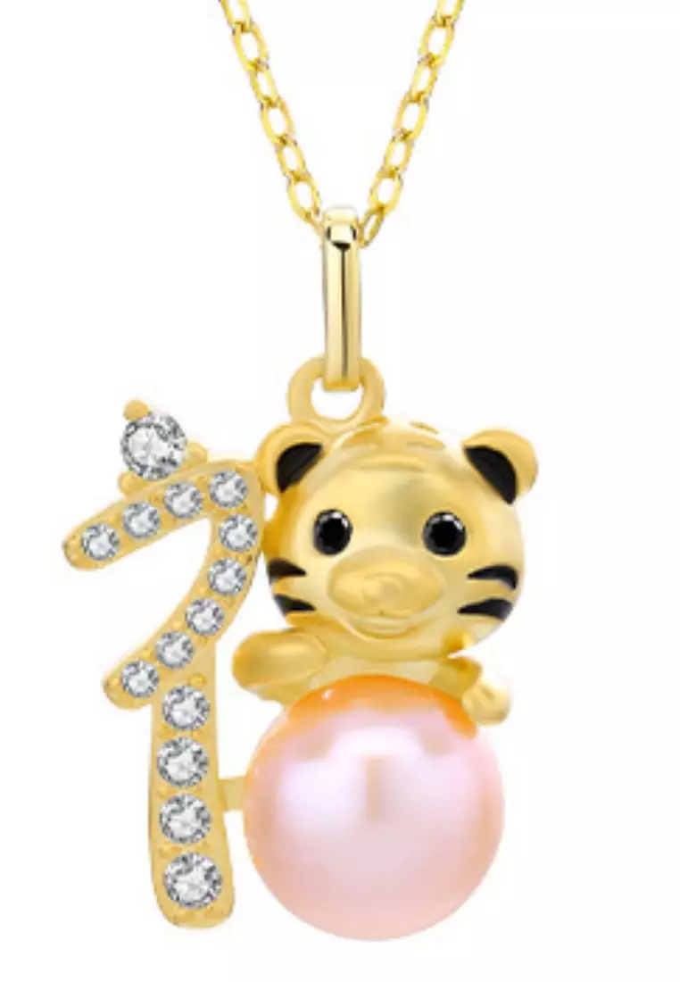 WPJ1040-Weißer Glückstiger mit Süßwasserperle und Zirkonhalskette_voghion.com