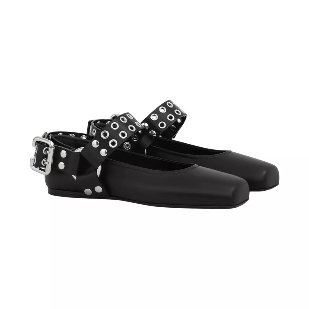Biker Ballet Flat Calfskin Leather Black