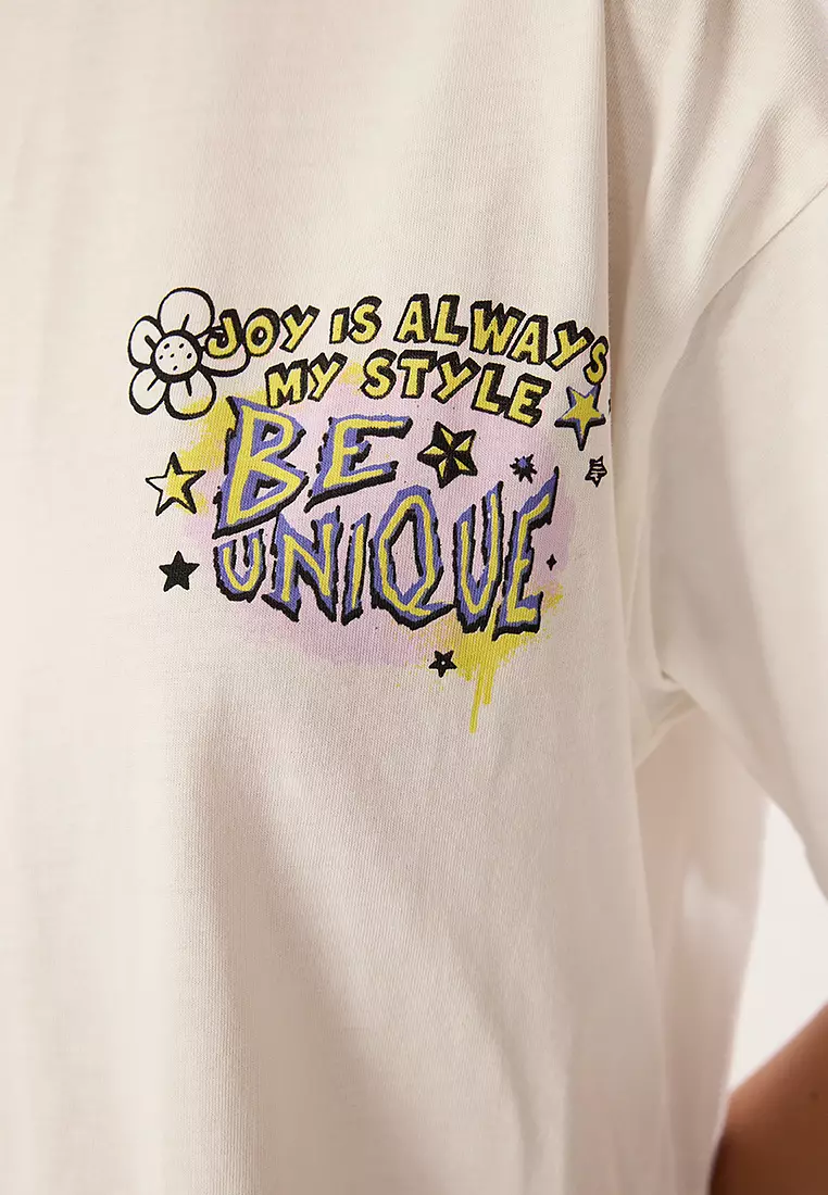 Ekru Oversize/Wide Pattern Front Back Printed Knitted T-Shirt