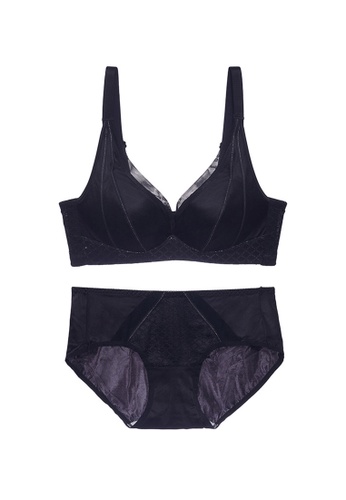 ZITIQUE black Women's Autumn-winter Glossy Non-wired Push Up Lingerie Set (Bra and Underwear) - Black 10BB3US3FD3C3CGS_1