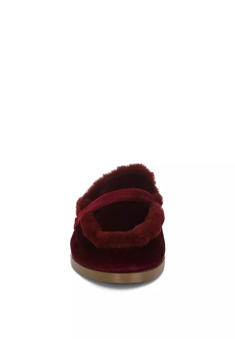 Fur Detail Velvet Slip-On Mules in Burgundy