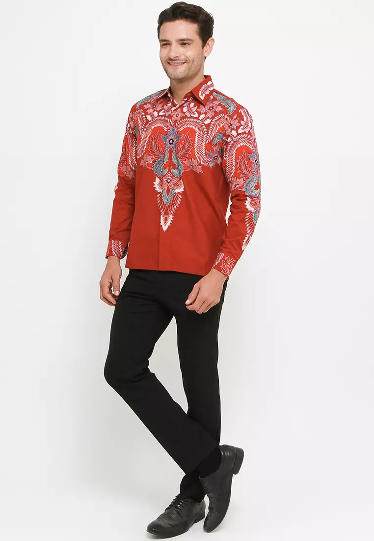 Kemeja Batik Katun Lengan Panjang Motif SBY Batik Exclusive Warna Merah