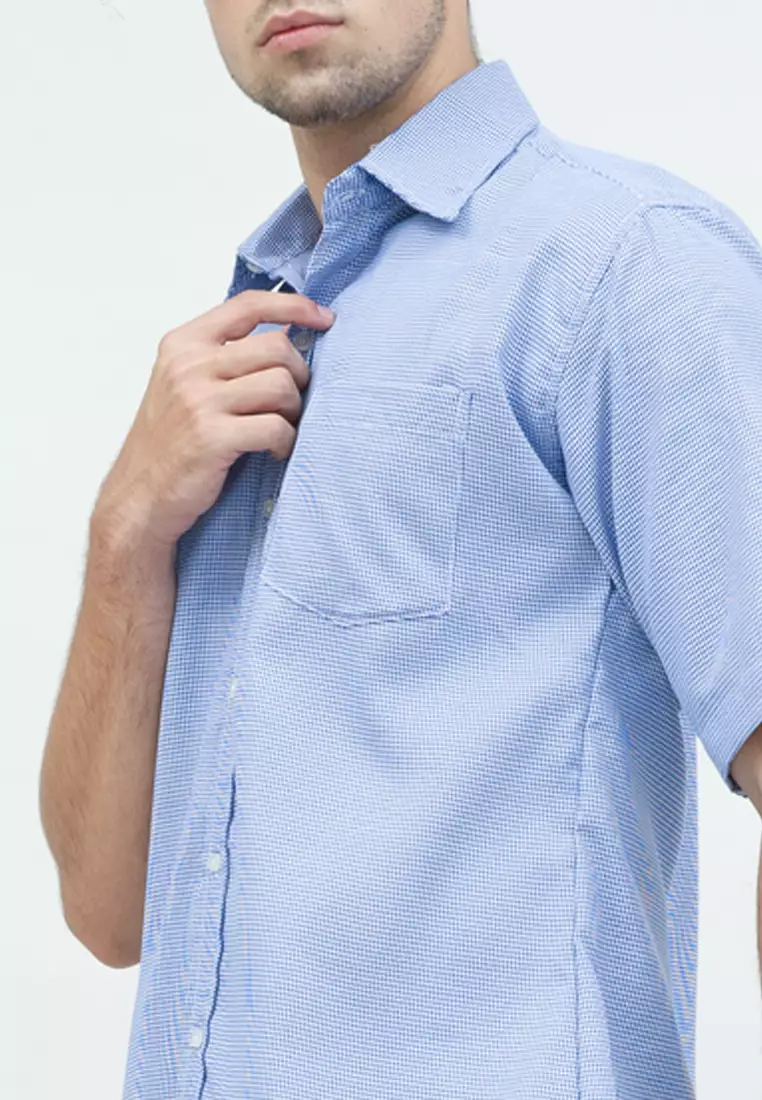 Kemeja slim fit lengan pendek pria kerja Biru Houndstooth houseofcuff