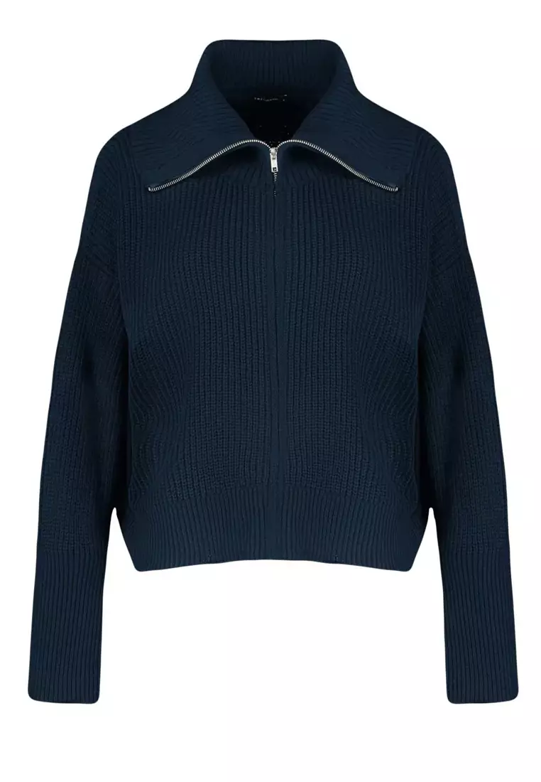 Navy Blue Turn-Down Collar Zippered Crop Knitwear Cardigan Tbbaw25Av00009