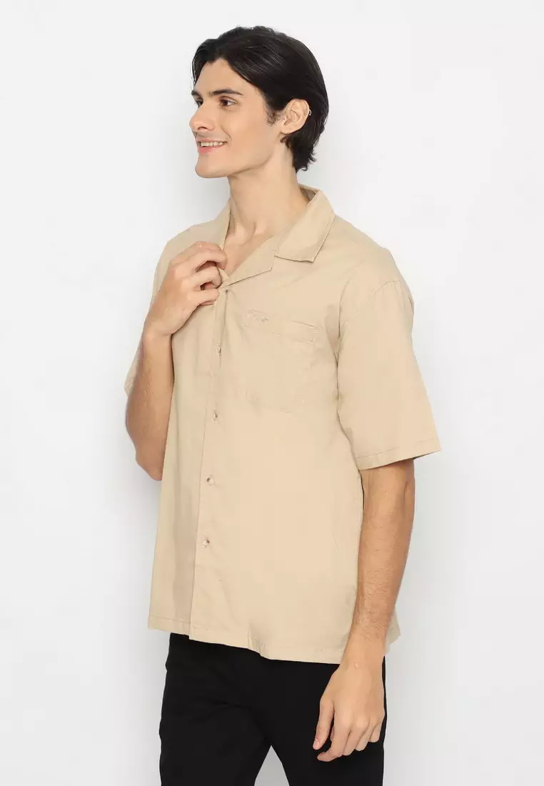 RBJ Kemeja Polos Cotton Slub Krah Hawaii Khaky Muda Regular Fit Pria