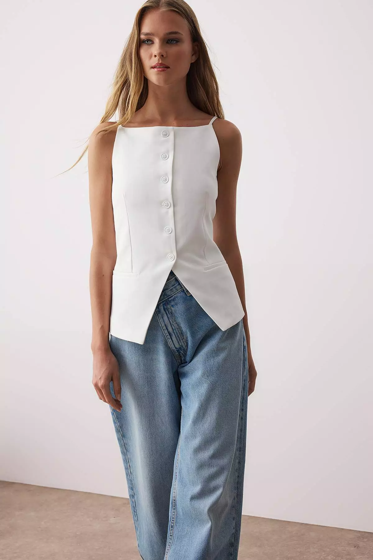 White Regular Size Strap Fitted Vest