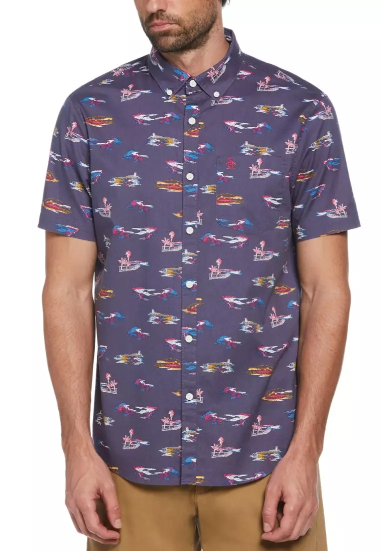 St. Tropez Print Short Sleeve Button-Down Shirt