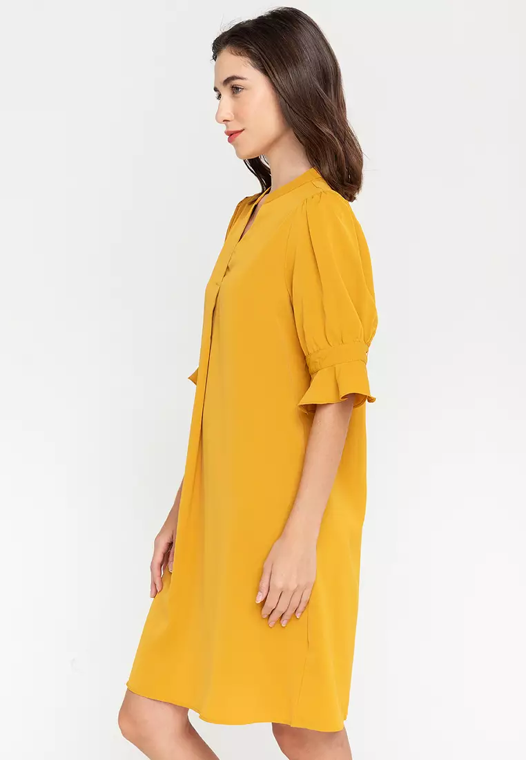 Caleesi Band Collar Puff Sleeves Dress