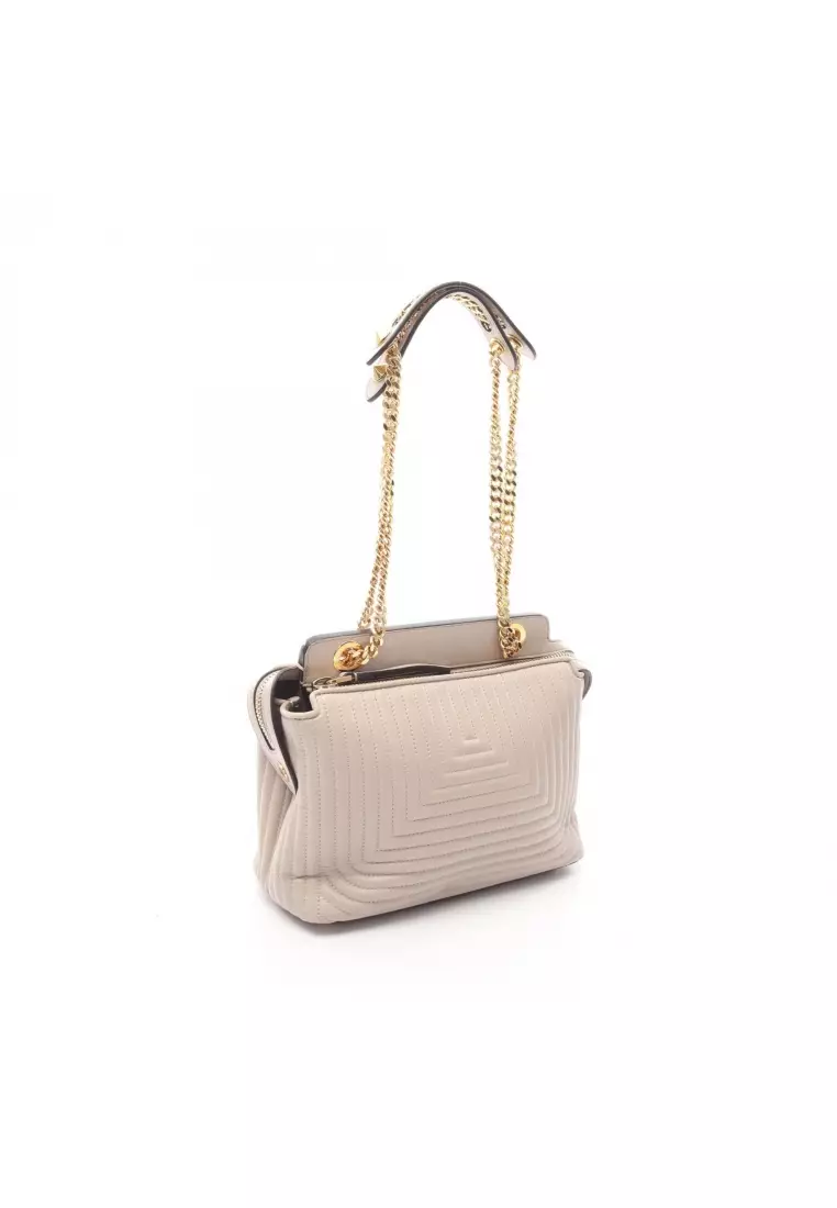 Pre-Loved Fendi DOT COM dot com click W chain shoulder bag leather Gray beige