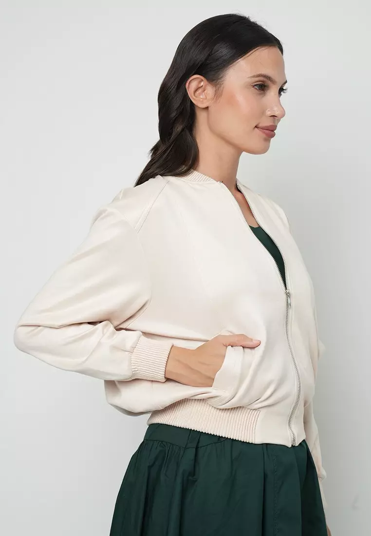 Maizie Classic Bomber Jacket with Silver hardware Zipper as a Front Opening