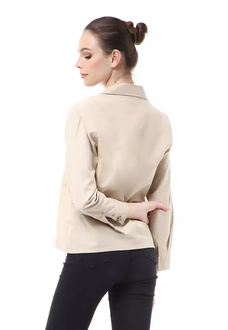 Brielle Atasan Wanita Kemeja Pocket Plain Motive Lengan Panjang Material Linen ORIGINAL - Cream