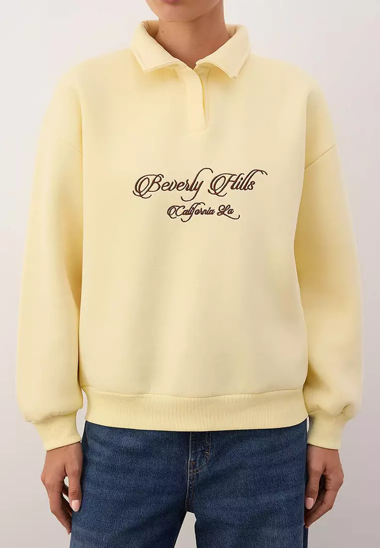 Yellow Shirt Collar Embroidered Regular Fit Thick Fleece Inside Knitted Sweatshirt Twoaw24Sw182