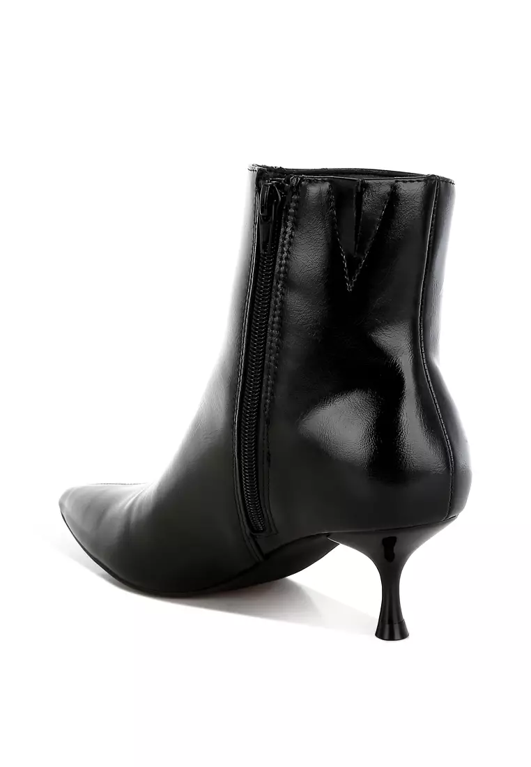 Faux Leather Kitten Heel Boots in Black