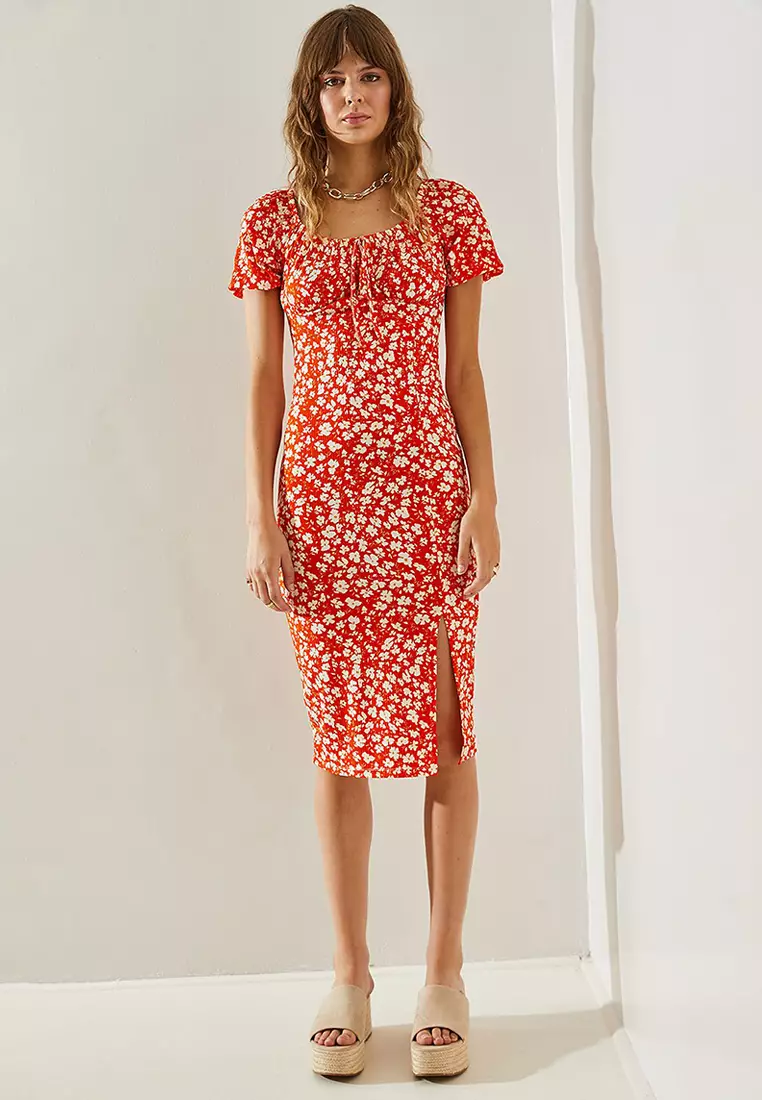 Women's Tie-Front Watermelon Sleeve Daisy Patterned Slit Detailed Dress 60251371