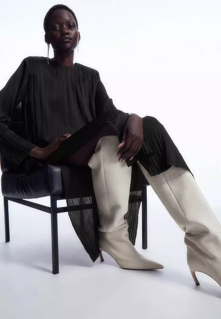 Long-Sleeved Plissé Midi Dress